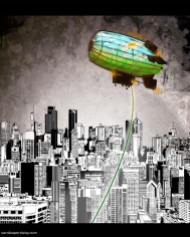 A colorful blimp depicting a field of flowers hovers above a dirty, impersonal colorless city. Environmental statement.