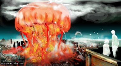 a bright and glorious titanic jellyfish fills the sky, bringing either destruction or new life and vitality to the city below as two children placidly watch.