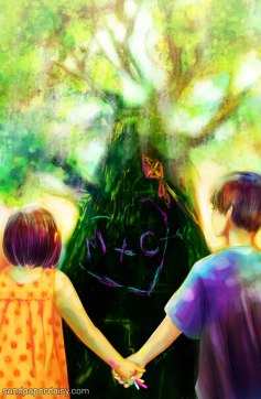 two children standing in front of the tree upon which they pledged their love in chalk