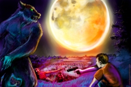 Facing off against a zombie horde with nothing but a gun and a werewolf companion, against a huge swollen full moon shining over the dead valley.