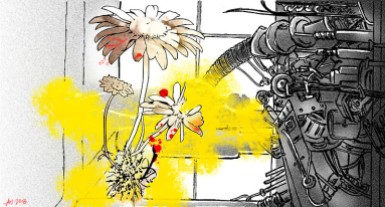 A monstrous flower connecting with an equally monstrous machine