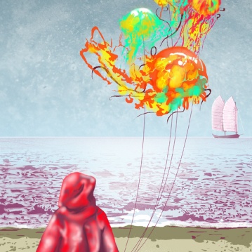 A child in a red raincoat stands on shore and regards a sailboat while holding a bundle of brightly colored floating jellyfish balloons.