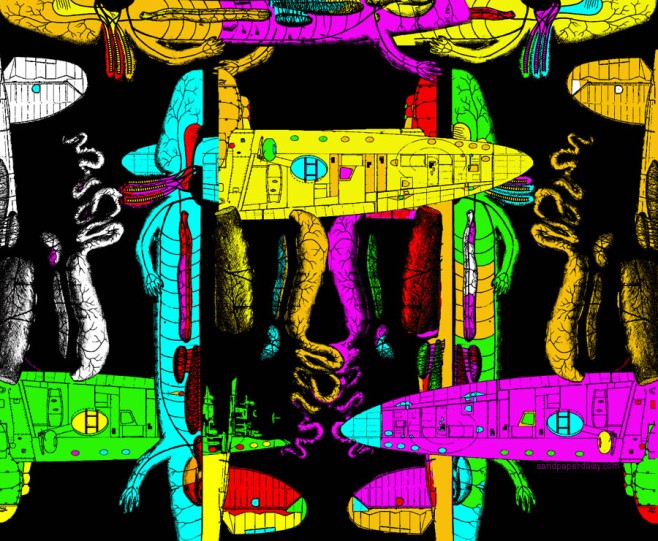 a repeating row of dissected mudpuppies combined with airplane blueprints in bright neon colors
