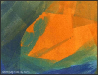an orange green and blue monoprint created by making patterns on the plexiglass plate with an ink roller.