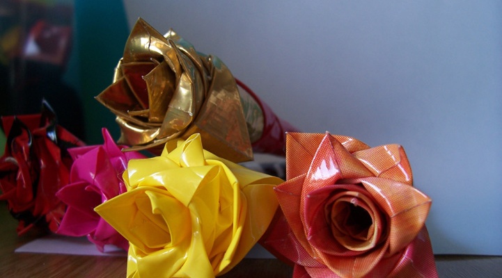 bright and delicate duct tape roses in different colors