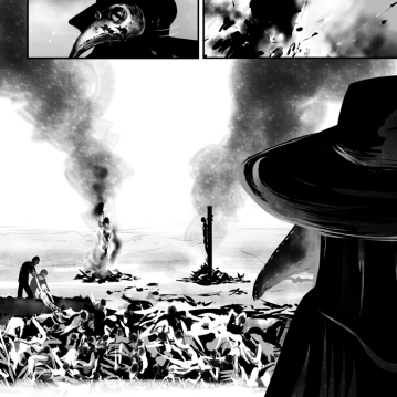 A plague doctor calmly surveys a mass grave of plague victims as well as a couple of scapegoats being burnt at the stake. Page from the comic The Ocean by Heather Landry
