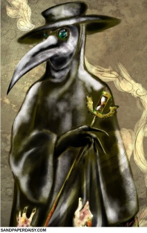 A colored portrait of a plague doctor callously nudging away a sufferer of the plague that clutches at his waxed robes while the smoke of his censer frames them