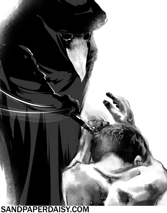 A black and white depiction of a plague doctor brusquely pushing away a dying plague victim, a panel from the comic The Ocean by Heather Landry