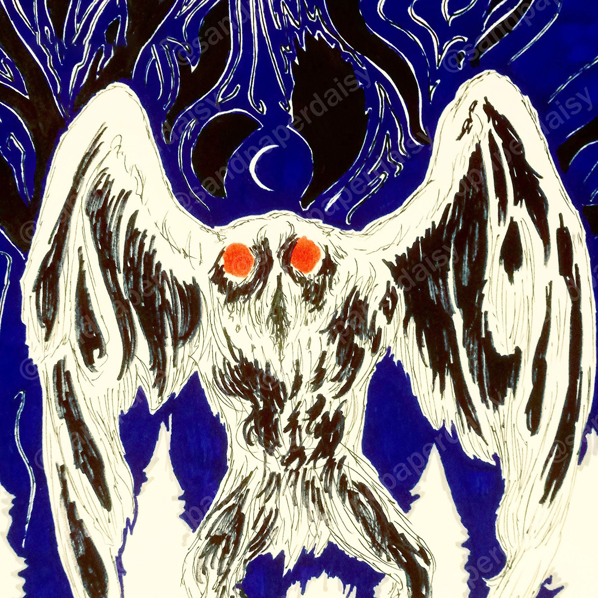 Mothman with red eyes against a dark forest and crescent moon pen and ink on paper