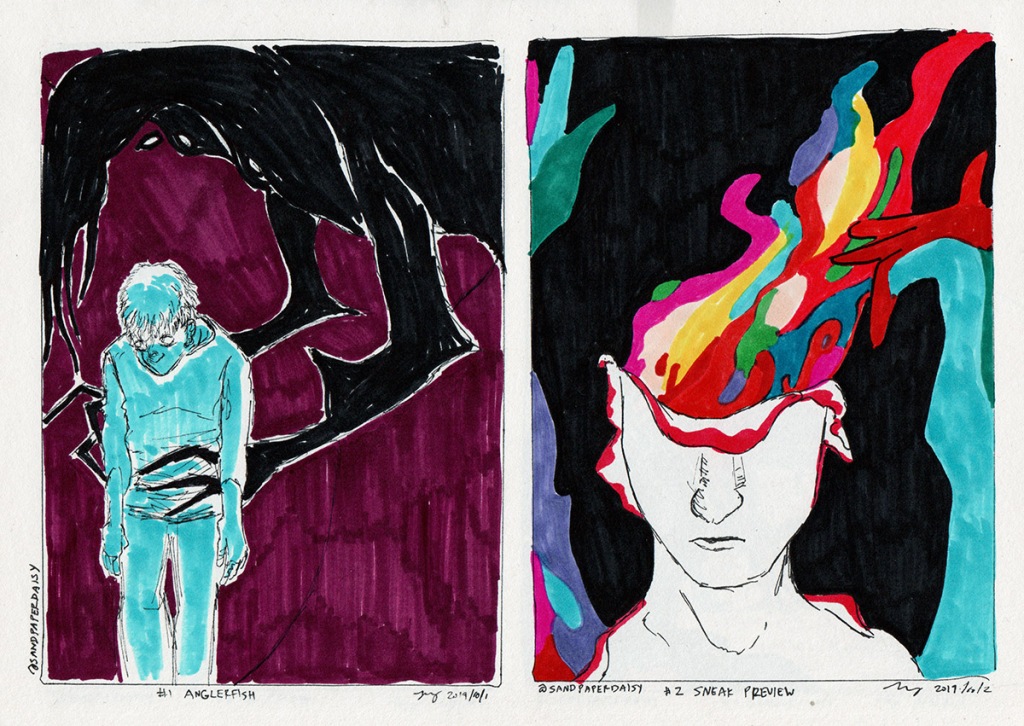 two ink drawings based on The Magnus Archives: one from their episode Anglerfish and one from their episode Sneak preview, showing a monster holding a simulacrum of a human, and a young man's skin slipping down to reveal a column of colors, respectively.