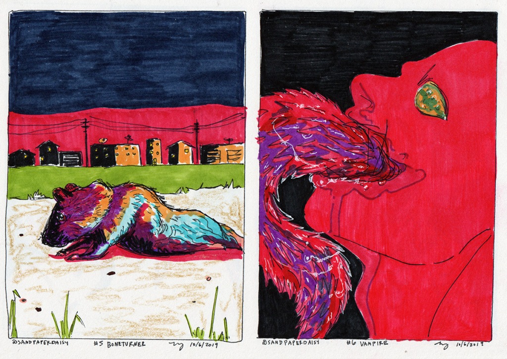 Two ink and marker drawings depicting the Magnus Archives Bone Turner and Vampire episodes. A luridly lit rat missing the bones of its back legs crawls through an empty sunset industrial town, while a nighmarish monster with a huge, twisting barbed tongue rears back, respectively.