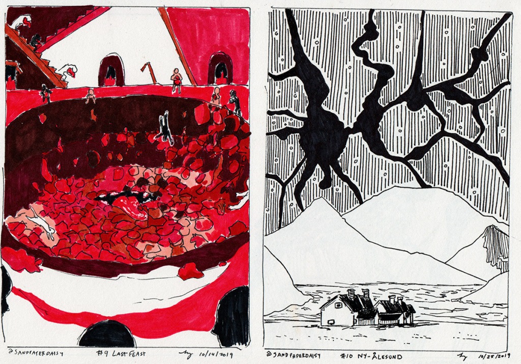 Two pen and ink drawings based on scenes from The Magnus Archives. The first is mostly red and depicts human figures throwing bundles of flesh of all sorts into a bottomless and hungry hole with a greedy mouth at the bottom, in a dimly lit temple. The second shows Ny Alesund, the northmost settlement in the world, under a starry sky cracking apart into pure blackness.
