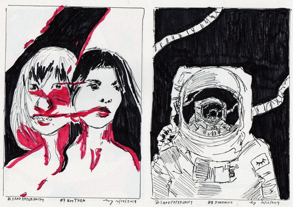 Two ink and marker drawings based on the Magnus Archives character of the NotThem and an astronaut seen from the Daedalus space station. A twisted form consisting of two different women are next to an astronaut with that same astronaut infinitely reflected in his or her helmet, against a pure black background with no stars whatsoever.