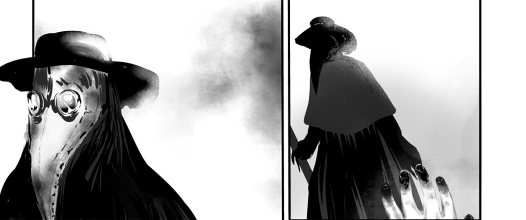 An excerpt from the comic The Ocean by Heather Landry, a comic about the black plague of 1348, depicting a plague doctor and the imploring necrotic hand of a plague victim.
