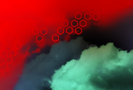 A flaming red and deep blue sky with one brilliant green cumulus cloud in the foreground and transparent red hexagons in the sky. Surreal digital painting by artist Heather Landry.