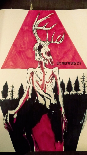 Ink and red copic drawing of a wendigo, a native american legend of a crazed human or creature that feasts on human flesh. Resembles an emaciated man wearing or having the head of a deer skull.