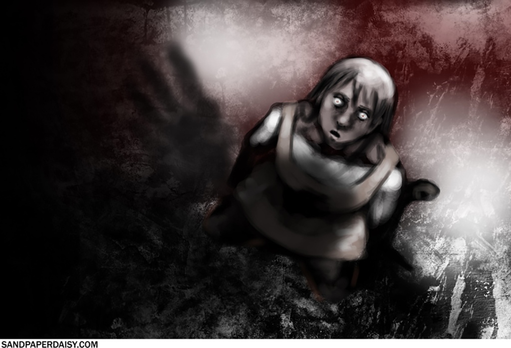 A terrified girl sprawled on the snow looking up at a menacing shadow covering her.