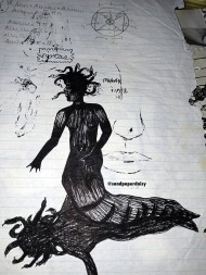A medusa drawing on my physics homework, based off the 1981 Clash of the Titans movie.