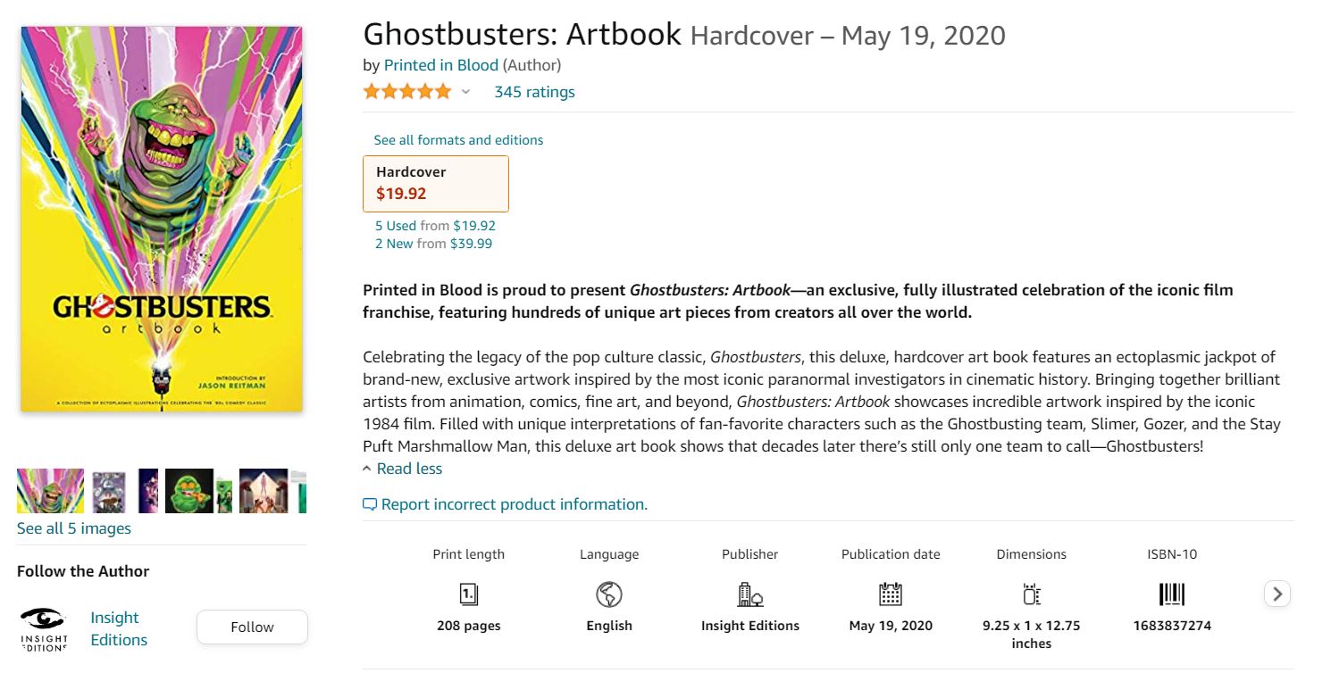 Amazon page for the Ghostbusters artbook by printed in blood